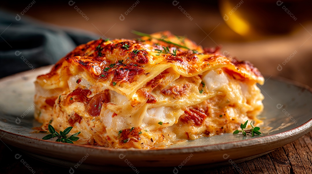 A imagem mostra uma porção de lasanha, um prato italiano.