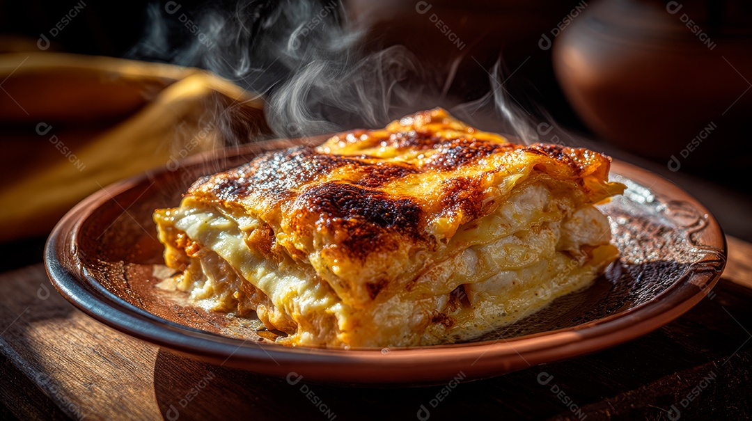 A imagem mostra uma porção de lasanha, um prato italiano.