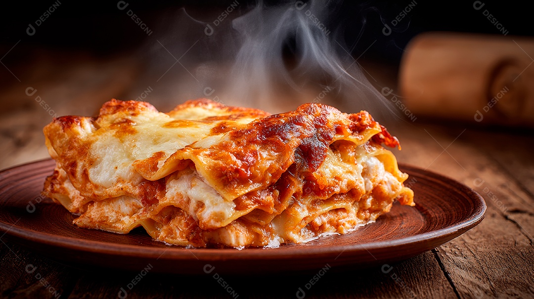 A imagem mostra uma porção de lasanha, um prato italiano.