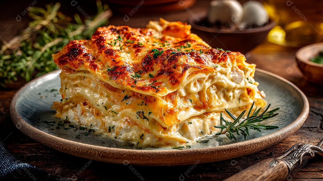 A imagem mostra uma porção de lasanha, um prato italiano.