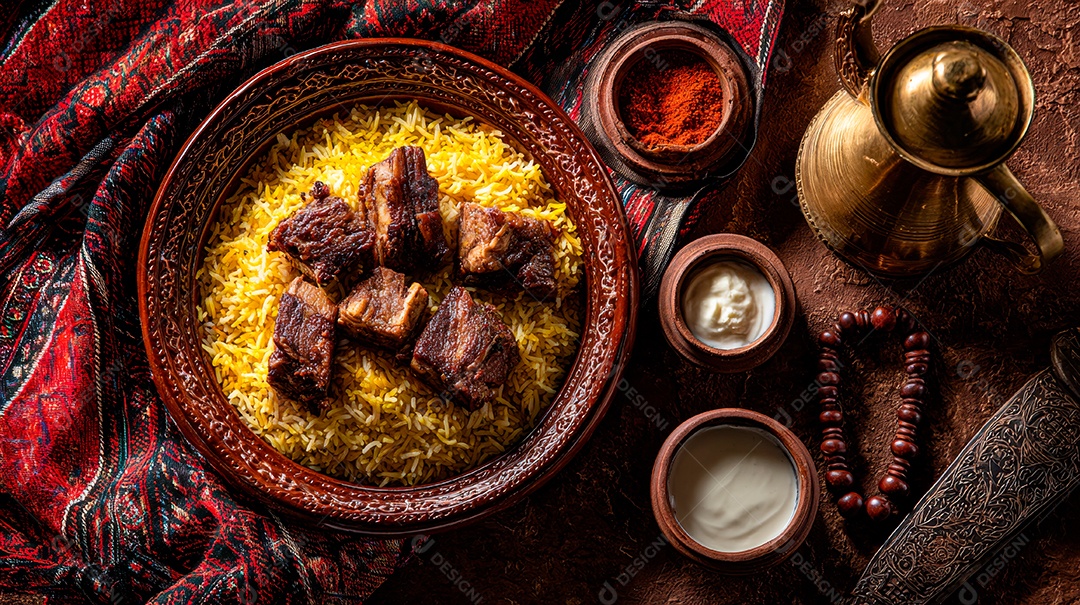 A imagem mostra um prato de Kabsa, um prato árabe de arroz misto, amplamente considerado o prato nacional da Arábia Saudita.