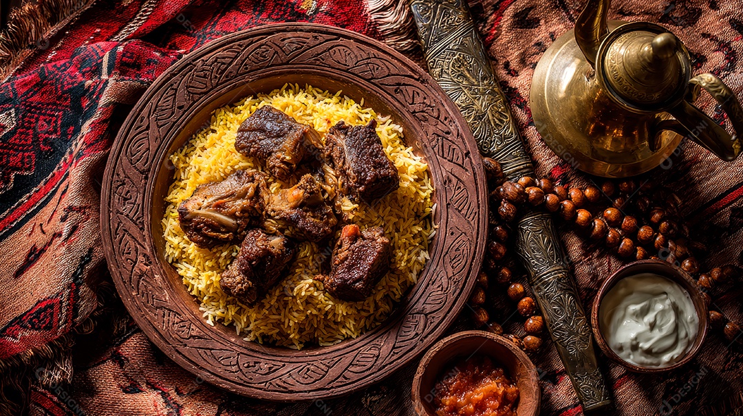 A imagem mostra um prato de Kabsa, um prato árabe de arroz misto, amplamente considerado o prato nacional da Arábia Saudita.