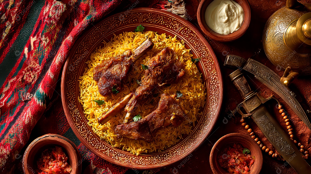 A imagem mostra um prato de Kabsa, um prato árabe de arroz misto, amplamente considerado o prato nacional da Arábia Saudita.