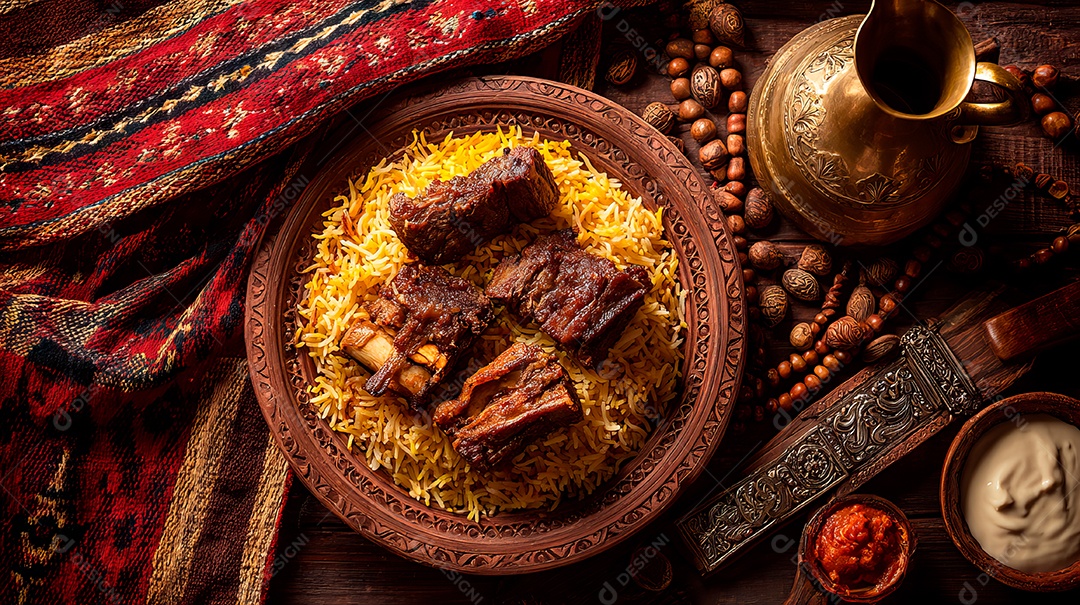 A imagem mostra um prato de Kabsa, um prato árabe de arroz misto, amplamente considerado o prato nacional da Arábia Saudita.