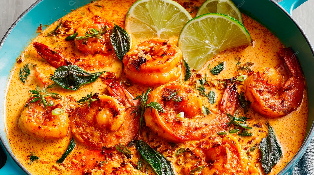 A imagem mostra um prato de camarão, provavelmente Camarão Scampi Cremoso.