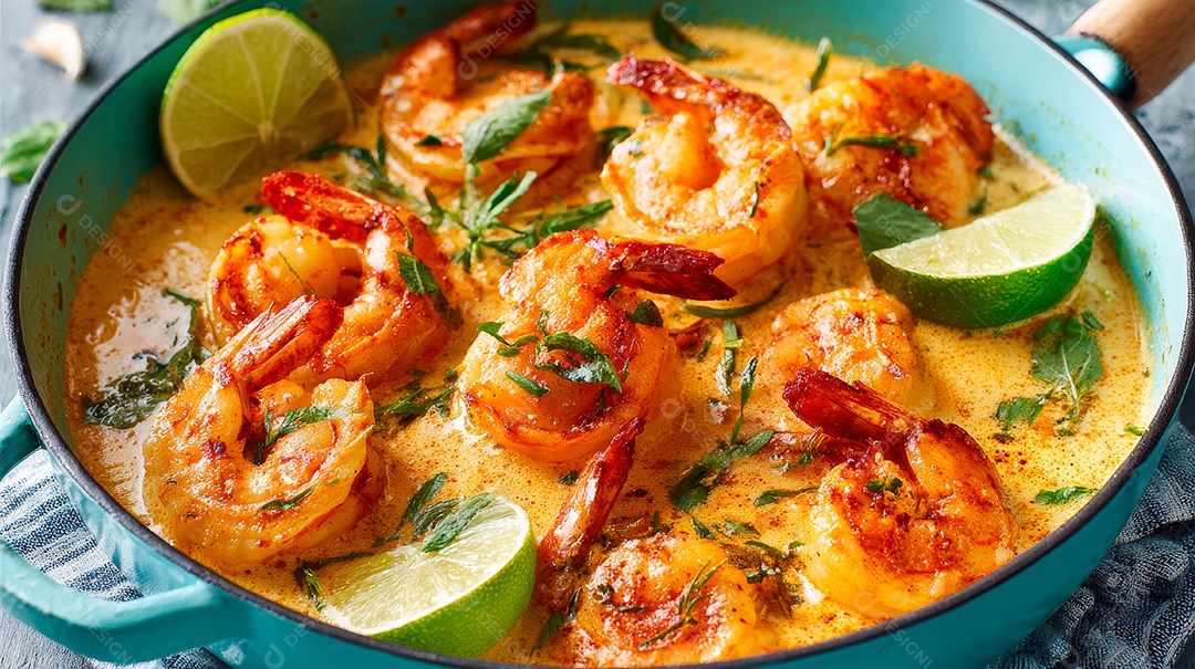 A imagem mostra um prato de camarão, provavelmente Camarão Scampi Cremoso.