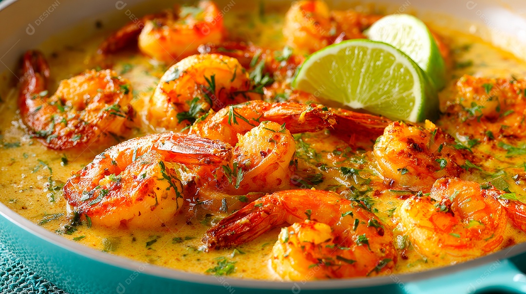 A imagem mostra um prato de camarão, provavelmente Camarão Scampi Cremoso.