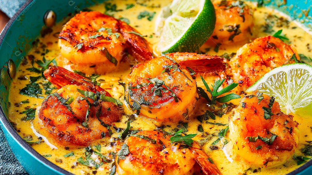 A imagem mostra um prato de camarão, provavelmente Camarão Scampi Cremoso.