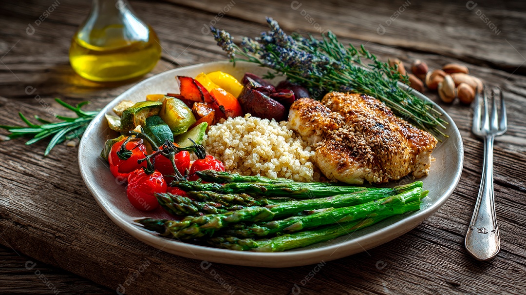 A imagem mostra um prato saudável e equilibrado, com diversos grupos alimentares.