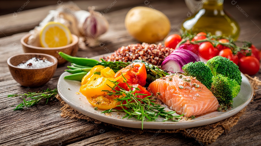 A imagem mostra um prato saudável e equilibrado, com diversos grupos alimentares.