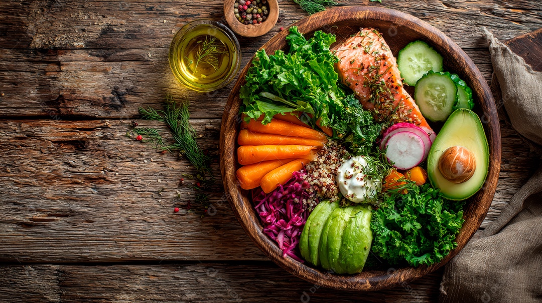 A imagem mostra um prato saudável e equilibrado, com diversos grupos alimentares.