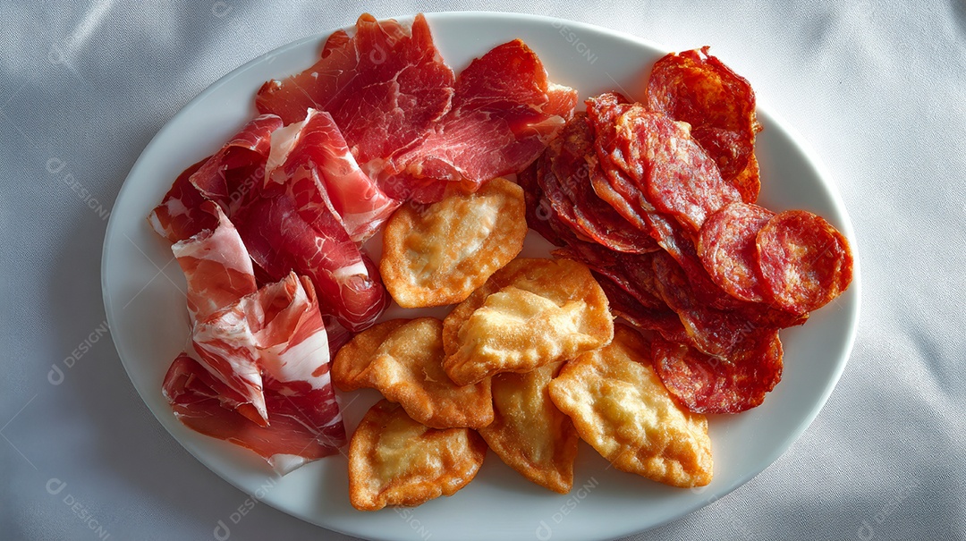 A imagem mostra um prato com fatias de salame e pequenos pães ou croissants..