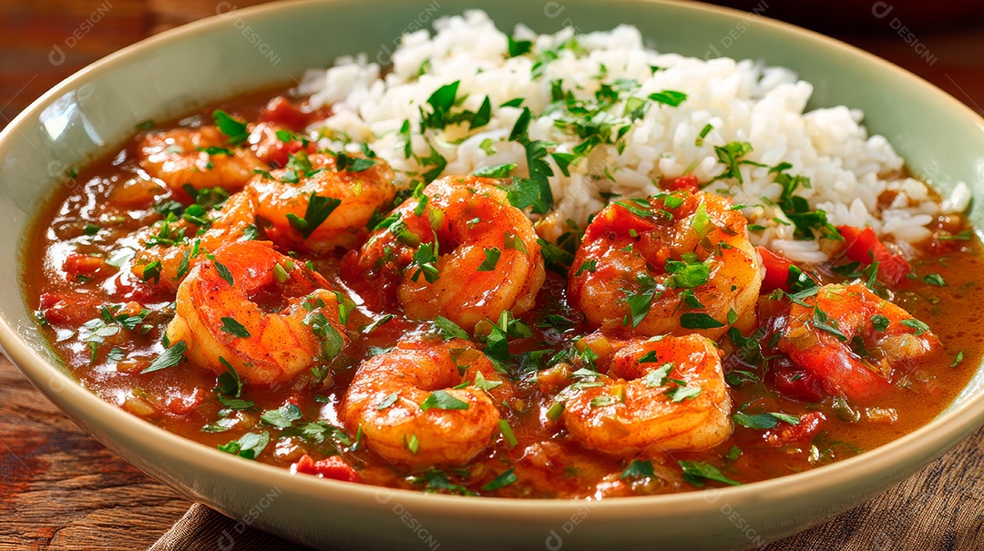 A imagem mostra um prato que se assemelha a um Étouffée de Camarão.