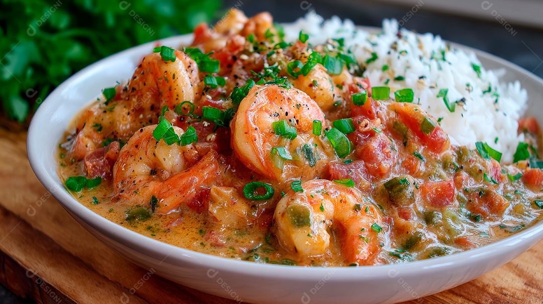 A imagem mostra um prato que se assemelha a um Étouffée de Camarão.