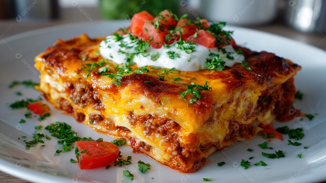 A imagem mostra uma lasanha, um prato clássico da culinária italiana..