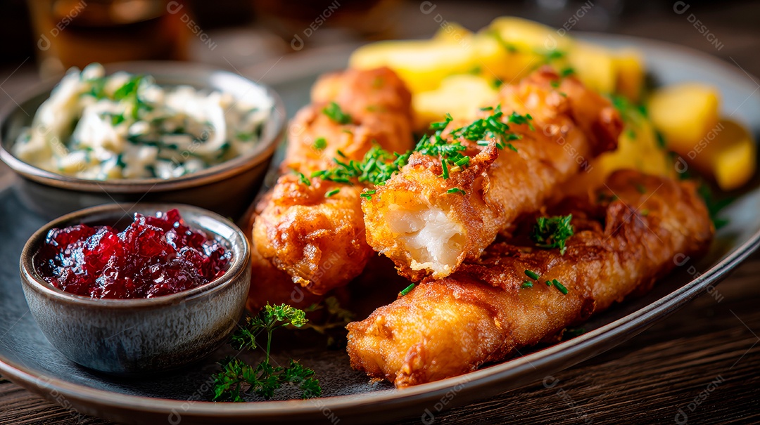 A imagem mostra o prato conhecido como Fish and Chips..
