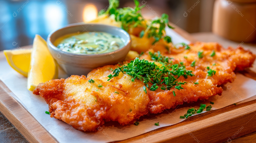 A imagem mostra um peixe assado inteiro, provavelmente um pargo vermelho (red snapper), decorado com rodelas de limão e cheiro-verde.