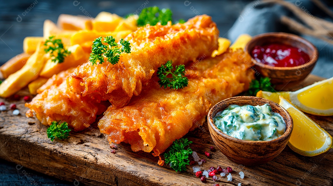 A imagem mostra um peixe assado inteiro, provavelmente um pargo vermelho (red snapper), decorado com rodelas de limão e cheiro-verde.