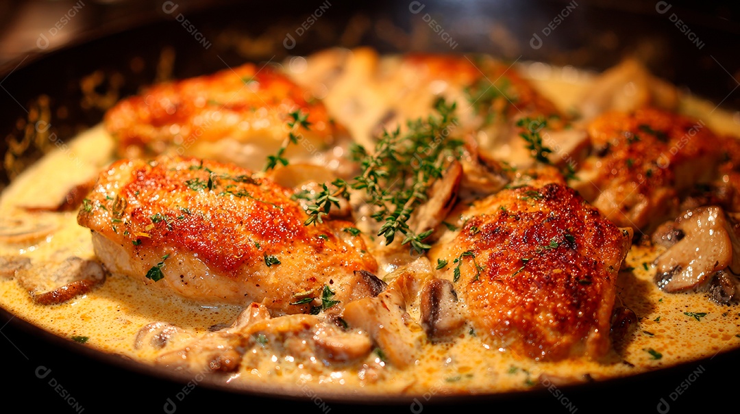 A imagem mostra um prato de Frango Cremoso com Cogumelos.