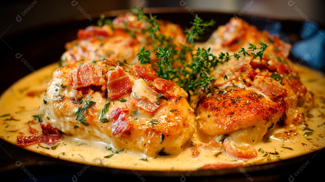 A imagem mostra um prato de Frango Cremoso com Cogumelos.