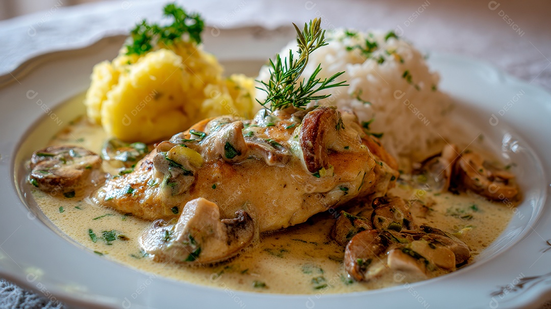 A imagem mostra um prato de Frango Cremoso com Cogumelos.
