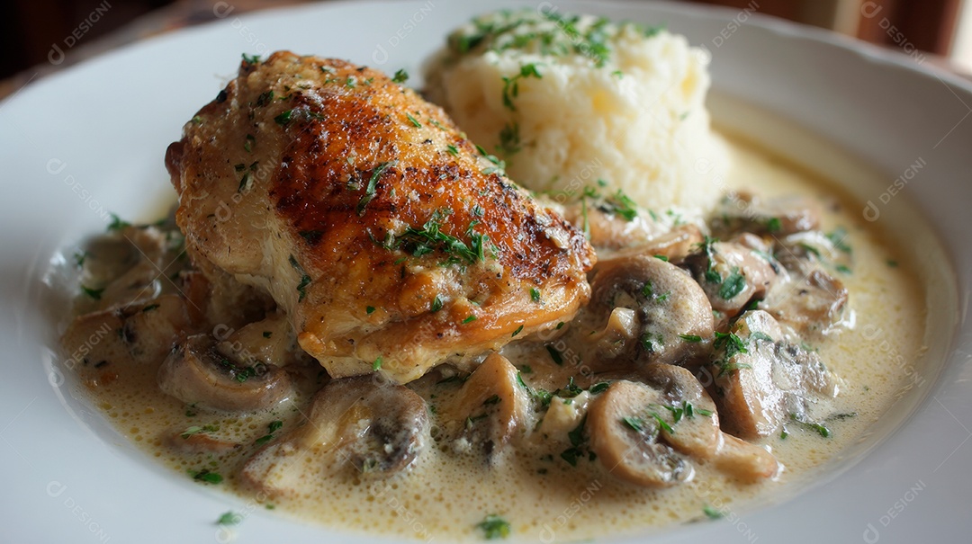 A imagem mostra um prato de Frango Cremoso com Cogumelos.