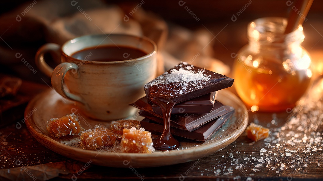A imagem mostra uma xícara de chocolate quente acompanhada de uma pilha de barras de chocolate com mel.