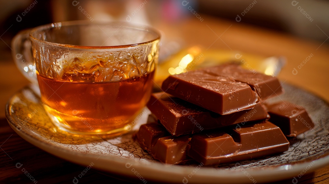 A imagem mostra uma xícara de chocolate quente acompanhada de uma pilha de barras de chocolate com mel.