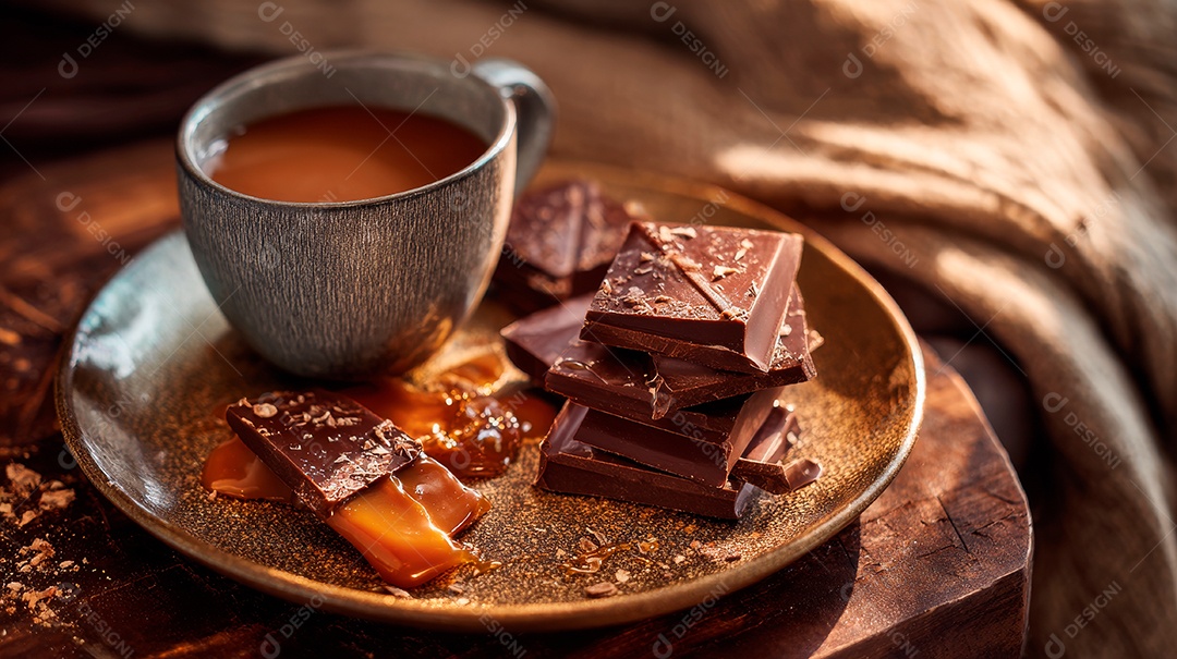 A imagem mostra uma xícara de chocolate quente acompanhada de uma pilha de barras de chocolate com mel.