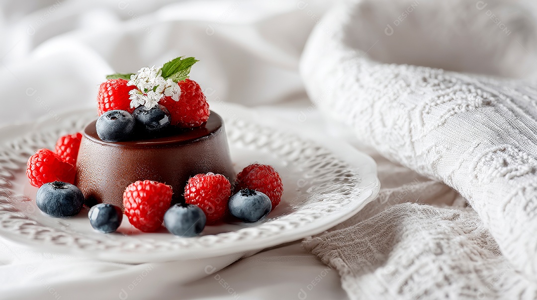 A imagem mostra uma sobremesa individual de mousse de chocolate decorada com frutas vermelhas.