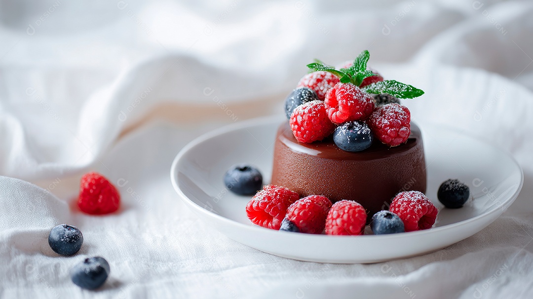 A imagem mostra uma sobremesa individual de mousse de chocolate decorada com frutas vermelhas.