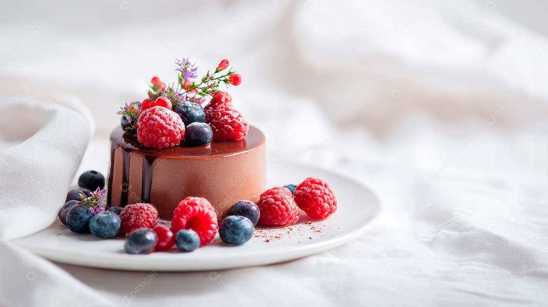 A imagem mostra uma sobremesa individual de mousse de chocolate decorada com frutas vermelhas.