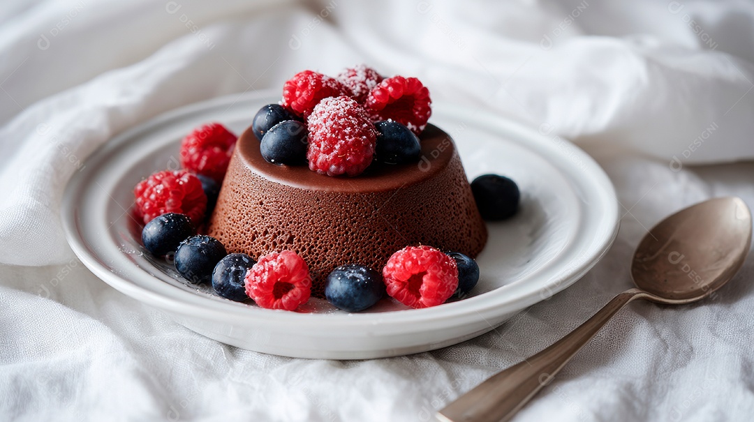A imagem mostra uma sobremesa individual de mousse de chocolate decorada com frutas vermelhas.