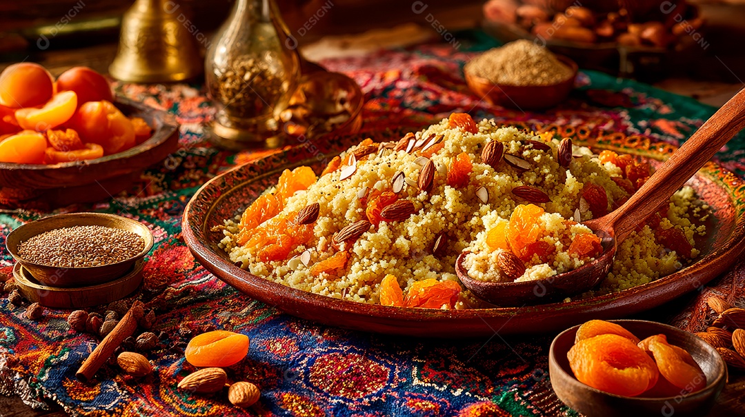 A imagem mostra um prato de Cuscuz Marroquino (também conhecido como Couscous).