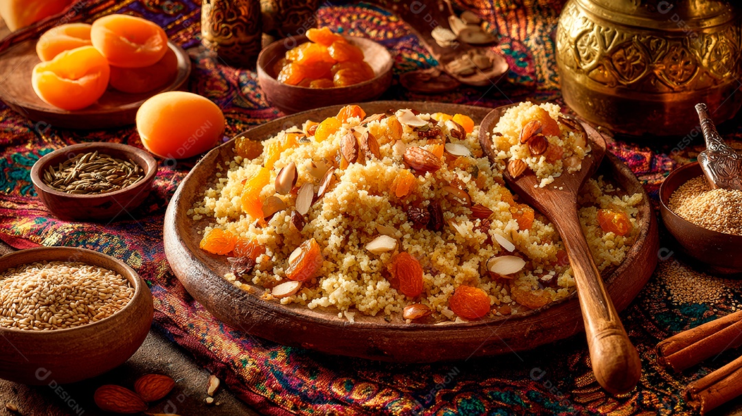 A imagem mostra um prato de Cuscuz Marroquino (também conhecido como Couscous).