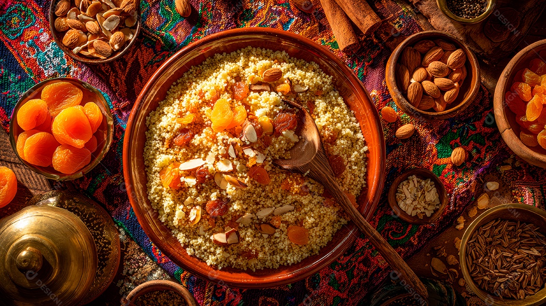 A imagem mostra um prato de Cuscuz Marroquino (também conhecido como Couscous).