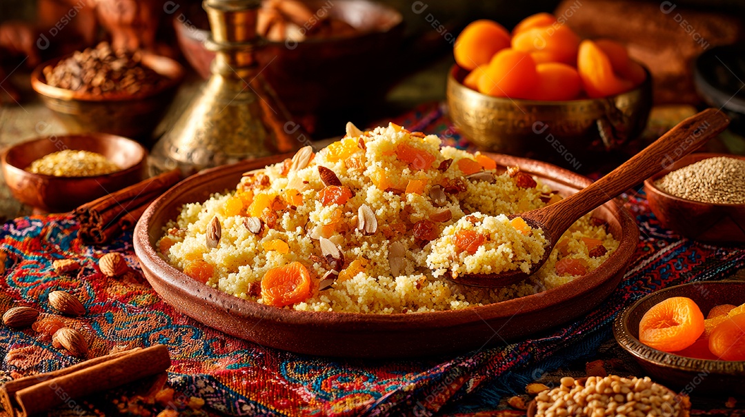 A imagem mostra um prato de Cuscuz Marroquino (também conhecido como Couscous).