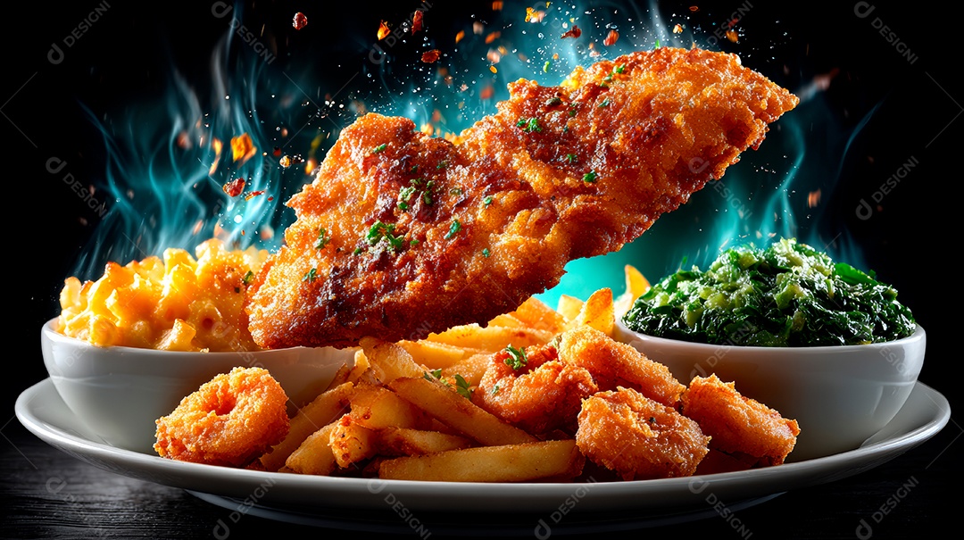 A imagem mostra camarões fritos (Ebi Furai), acompanhados de batatas fritas, macarrão com queijo e espinafre cozido..