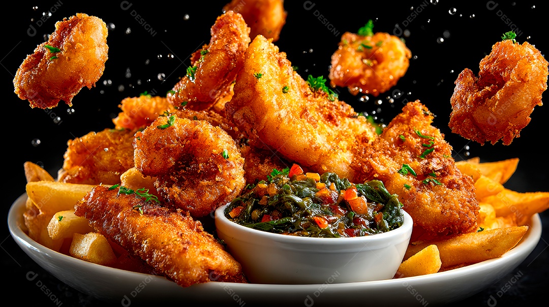 A imagem mostra camarões fritos (Ebi Furai), acompanhados de batatas fritas, macarrão com queijo e espinafre cozido..