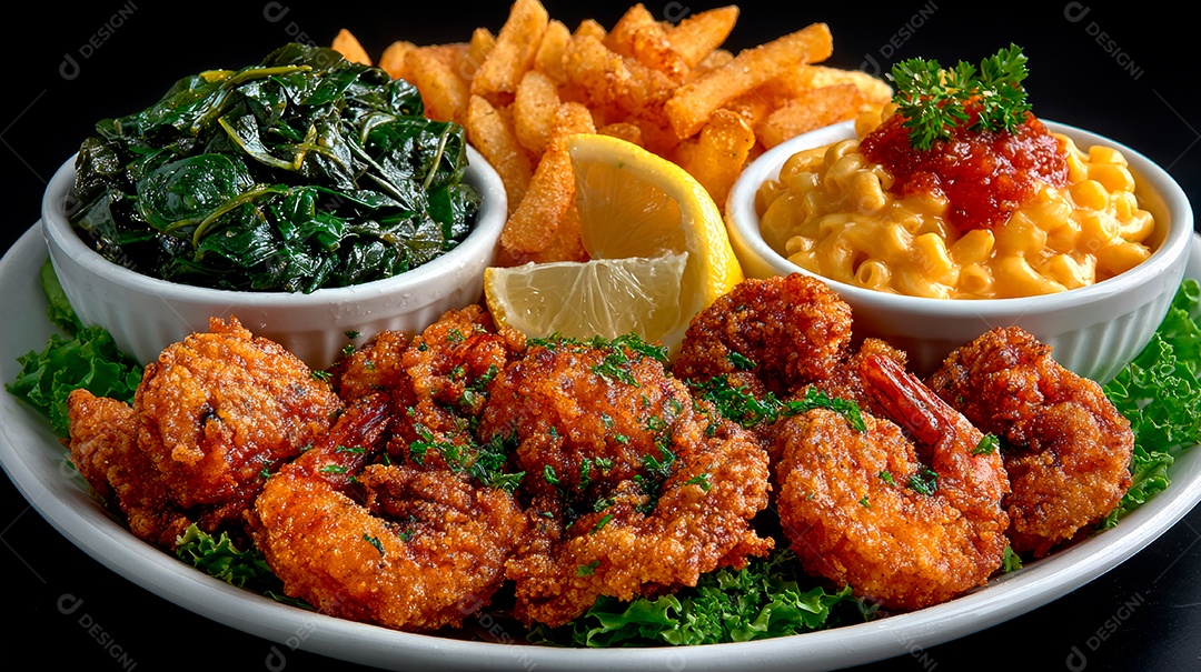 A imagem mostra camarões fritos (Ebi Furai), acompanhados de batatas fritas, macarrão com queijo e espinafre cozido..