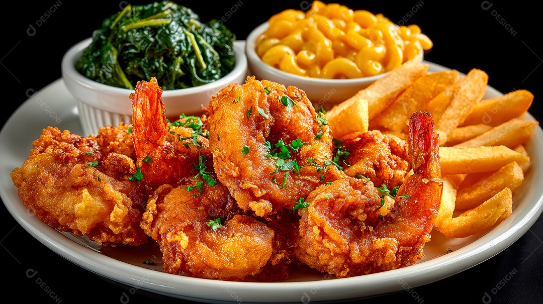 A imagem mostra camarões fritos (Ebi Furai), acompanhados de batatas fritas, macarrão com queijo e espinafre cozido..