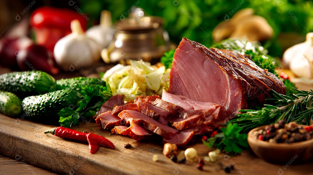 A imagem mostra um pedaço de pastrami, uma iguaria de charcutaria que consiste em carne curada.