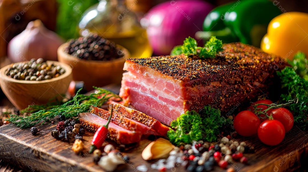 A imagem mostra um pedaço de pastrami, uma iguaria de charcutaria que consiste em carne curada.