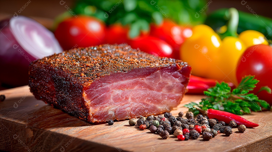 A imagem mostra um pedaço de pastrami, uma iguaria de charcutaria que consiste em carne curada.