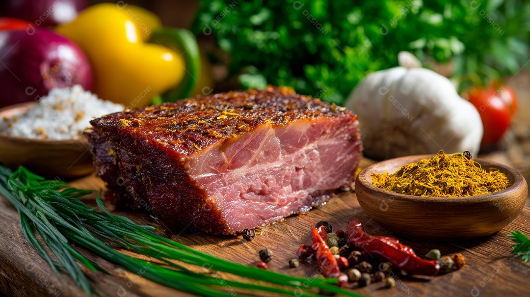 A imagem mostra um pedaço de pastrami, uma iguaria de charcutaria que consiste em carne curada.