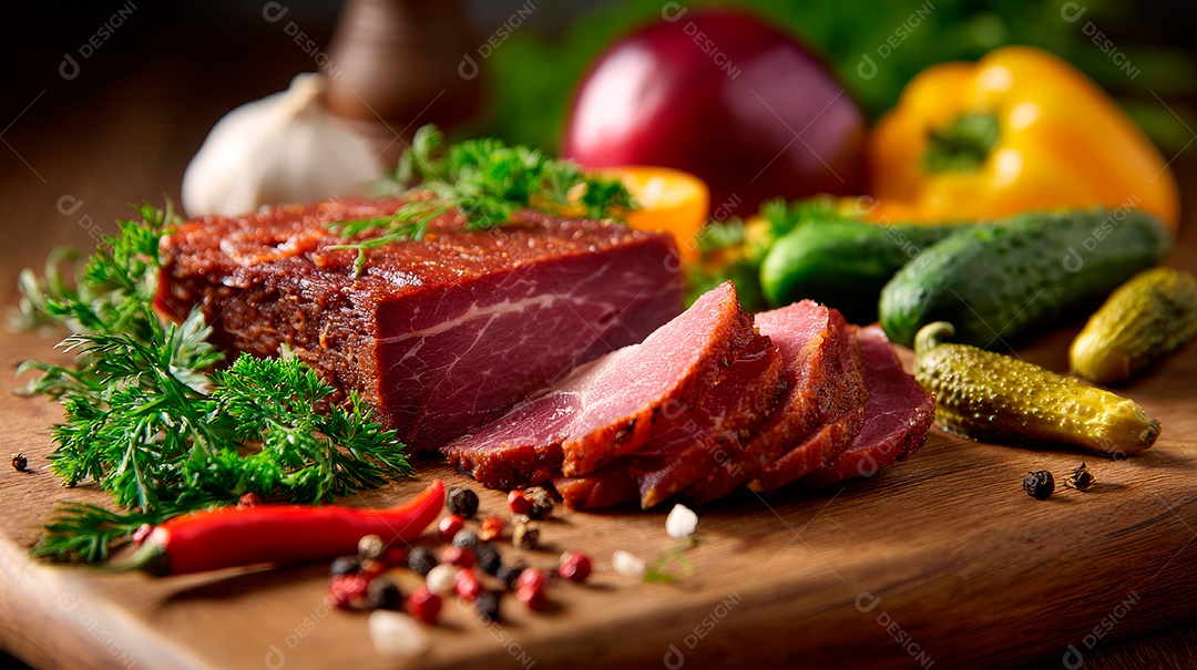 A imagem mostra uma peça de presunto defumado parcialmente fatiado.