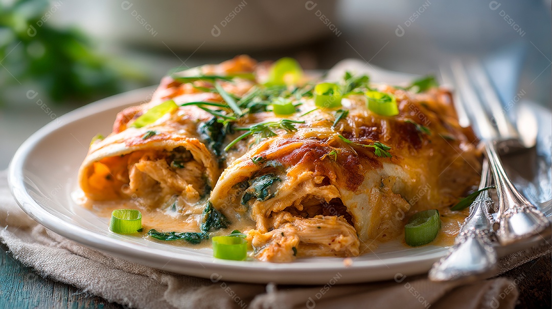 A imagem mostra um prato de enchiladas de frango, uma receita clássica da culinária mexicana..
