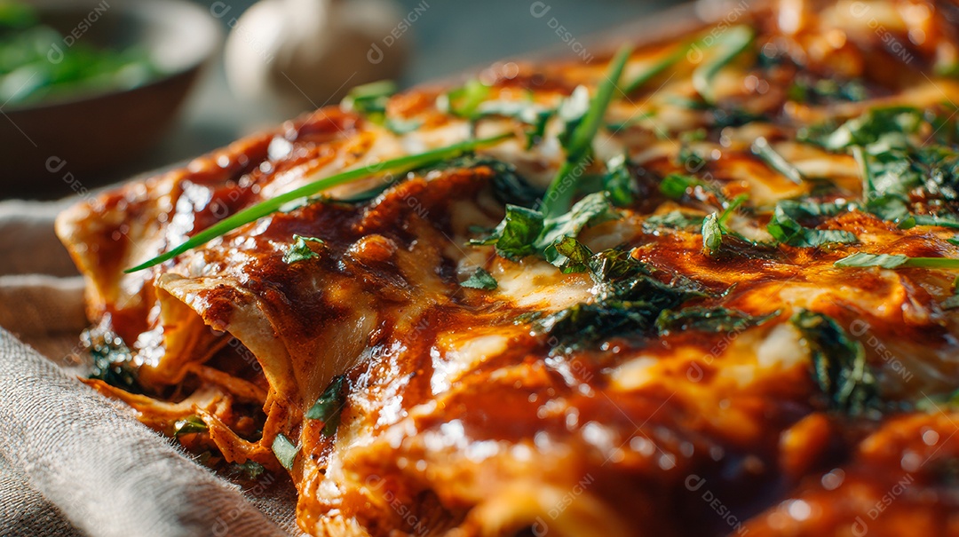 A imagem mostra um prato de enchiladas de frango, uma receita clássica da culinária mexicana..