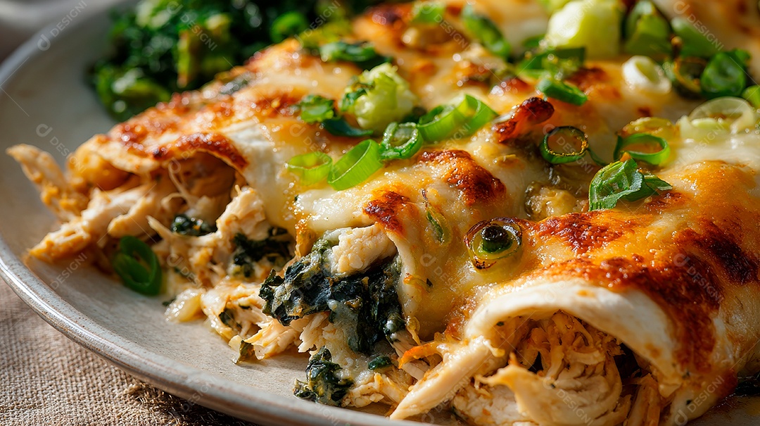 A imagem mostra um prato de enchiladas de frango, uma receita clássica da culinária mexicana..