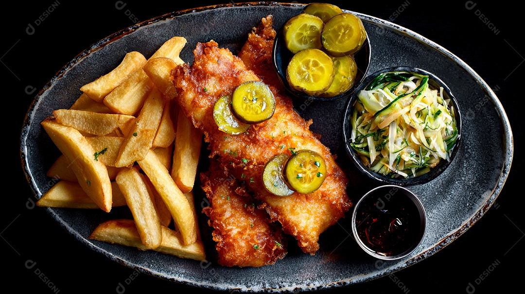 A imagem mostra um prato de Fish and Chips, um prato tradicional britânico.